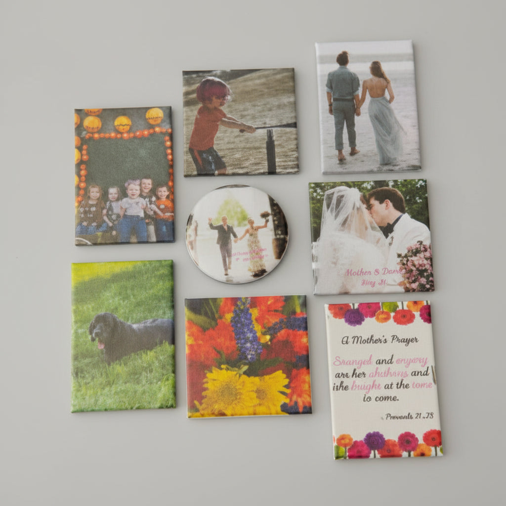 A set of personalized photo magnets arranged on a light gray background. The collection includes square and round magnets featuring custom family photos, a floral design, a dog in a field, a colorful flower bouquet, and a white magnet with a printed Bible verse titled 'A Mother's Prayer'.